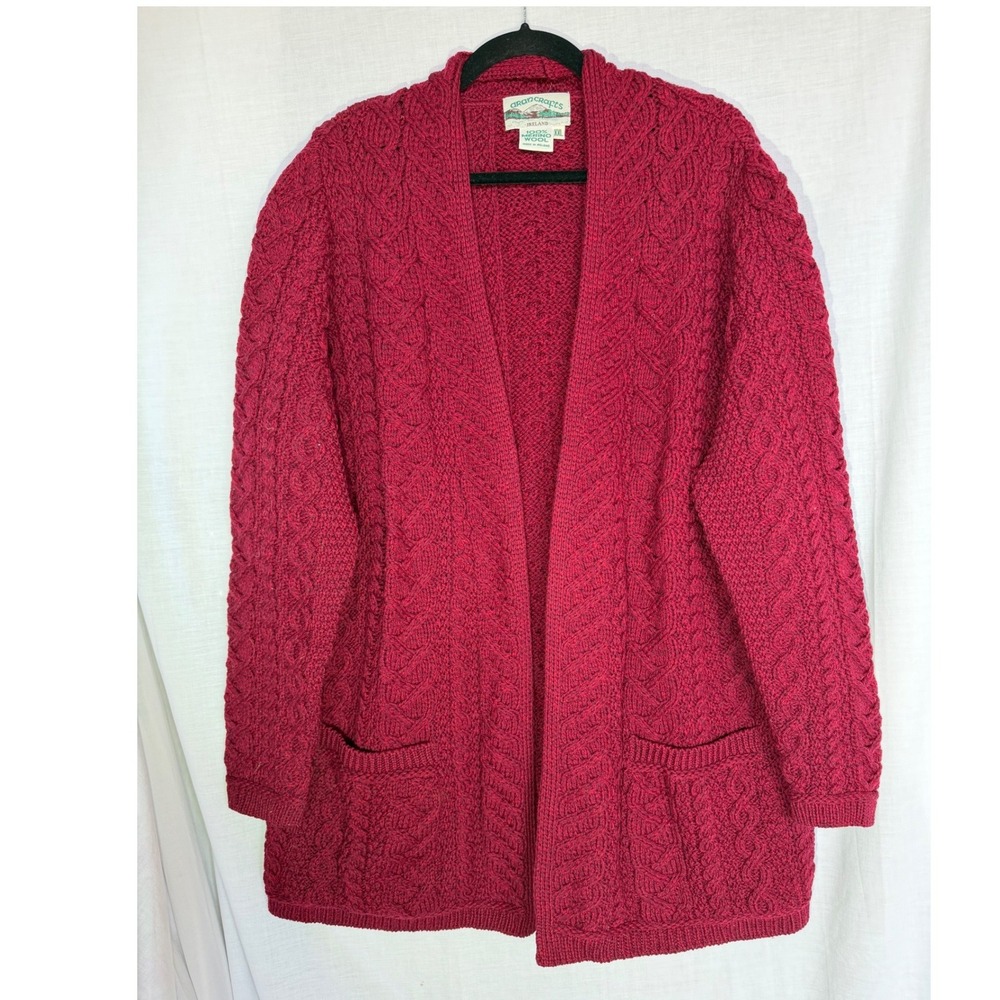 Aran Crafts Cardigan Burgundy Layering Cable Knit Merino Wool Irish Women XXL
